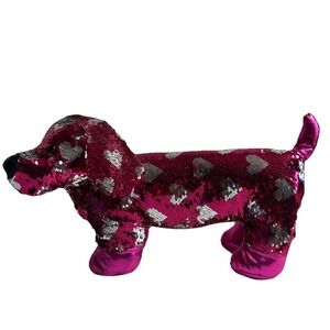 MTY International Sequin Dachshund Weiner Dog Flip Pink Silver Heart 17.5 In.